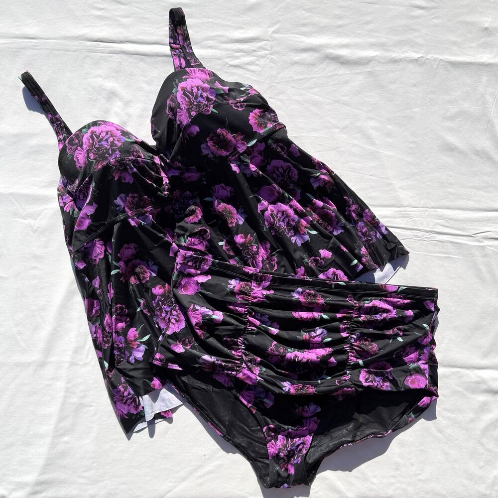 Torrid Floral Underwire Knot Front Tankini Swimsuit Set Womens Plus 4 Purple 4X